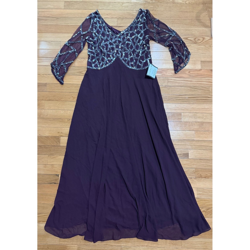 J Kara Plum Purple Beaded Sequin V-Neck Formal Gown Dress 5211WN Womens 12
